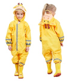JinBei Raincoat Girls Puddle Suit Kids Hooded Lightweight Yellow Elk Reindeer Poncho Rainwear Muddy Portable All in One Waterproof Rainsuit Breathable PVC Transparent Hat Brim Zipper 5-7 Years