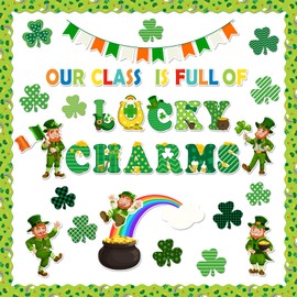 Arosche St Patricks Day Bulletin Board Decorations Set Our Class is Full of Lucky Charms Cutouts Lucky Shamrocks Gnomes Coins Bulletin Board Border for School Classroom Chalkboard Home Wall Door