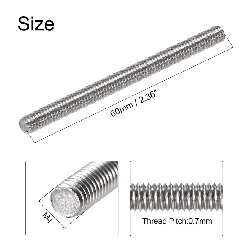sourcing map 5Pcs M4 x 60mm Fully Threaded Rod 304