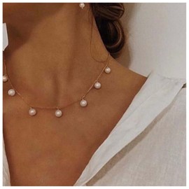 Erimberate Bohemian Pearl Dangle Necklace Choker Pearl Bead Necklace Vintage Pearl Choker Necklace Gold Wedding Pearl Necklace Jewelry for Women and Girls