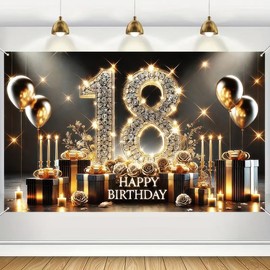 BlissYard Happy 18th Birthday Backdrop Banner 71x43 Inch Black and Gold Banner Balloons Milestone Photography Background Men Women Birthday Party Decoration for Indoor Outdoor Events Photo Booth Props