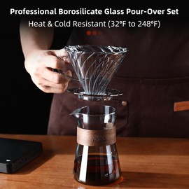 Bincoo Pour Over Coffee Dripper Set, V-shape 60° Cone Drip Coffee Maker, Included Borosilicate Glass Carafer and Coffee Dripper & 50 Pcs Size 02 Paper Filter, 16oz(500ml) (Smoky Gray Set)