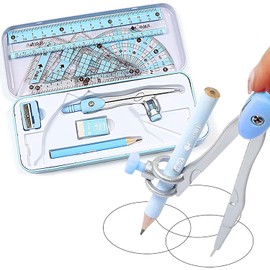 XLKJ Compass Set 8-Piece Set Geometry Math Compass Kit with Ruler Protractor Eraser Quick Adjustment Compass for Primary School School Students (Random Colour)