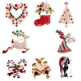 GLAITC Christmas Brooch Pin Set of 8 Christmas Rhinestone Brooches Christmas Brooch Christmas Stocking Reindeer Angel Christmas Tree Christmas Pins for Christmas Decoration Gift for Women