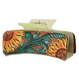 American Darling Floral Long Hair Claw Hand Tooled Carved Genuine Leather Brown Clips Clutcher Gift For Women Girls