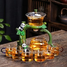 Chinese Gongfu Tea Set Magnetic Glass Teapot with Infuser,6 cups,Semi Automatic Design for Loose Leaf Tea (3 cups/layer, 2 layers, 6)