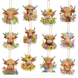 Keluna Diamond Art Keychains Cow - Highland Cow Diamond Painting Key Chains, Flower Cow Diamond Painting Kits, Diamond Art Keychains, Diamond Painting Art Crafts Highland Cow Gifts for Adult (12 pcs)