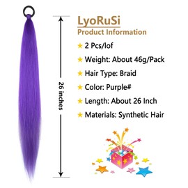 2 Pack Pink Ponytail Extension with Elastic Tie Straight Sleek Wrap Around Braid Ponytail Purple 26 Inch (Purple#)