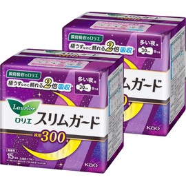 ロリエ スリムガード 多い夜用 羽つき 2倍吸収 30cm (15枚入り×2個セット）生理用品 ナプキン ウェットティッシュ付き まとめ買い