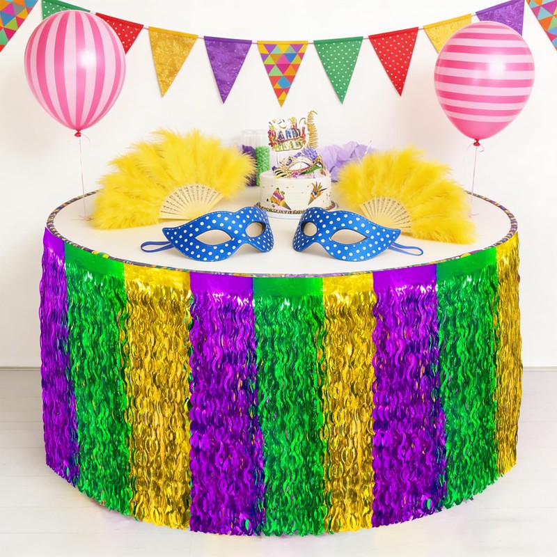 QLINLEAF 2 Pack Mardi Gras Table Skirt Purple Green Gold