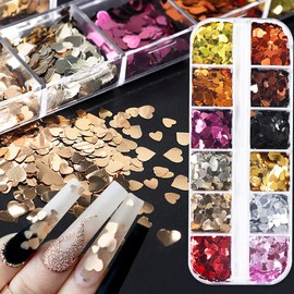 12 Grids Heart Nail Stickers - Hearts Nail Decals for Women - Retro Love Heart Nail Glitters 3D Nail Art Supplies Holographic Shiny Gold Nail Sequins for Valentine's Day Manicure Decorations