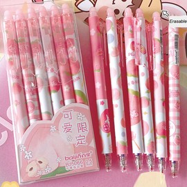 MOZXIRZ 6 Pcs Erasable Gel Ink Pens Retractable Pens Cute Pink Peach Pen Fine Point Pen Office School Supplies Women Pens (Black Ink-Peach)