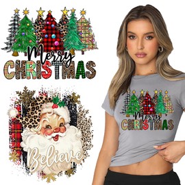 2 Sheets Christmas Iron On Transfers for Clothing Christmas Tree Santa Claus Design Heat Transfer Vinyl Decals Winter Xmas Iron On Patches for T-Shirt Clothes Bag New Year Holiday DIY Applique Decor