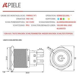 APIELE 19 mm Locking Pressure Switch 12 V DC 5 A, Aluminium Alloy with LED Power Symbol Waterproof Latch Push Button Switch, Car RV Truck Boat On/Off Button Switch (Black Shell/Blue)