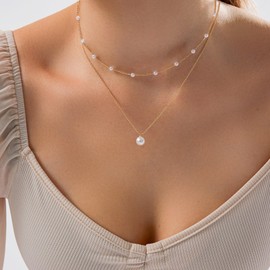 Luxval Pearl Necklace for Women Layered Trendy 14K Gold Plated Dainty Pearl Pendant Choker Set Gold Necklace Stack Non Tarnish Simple Cute Jewelry Gifts for Women