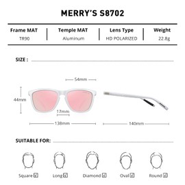 MERRY'S Unisex Polarized Sunglasses for Women Men Classic Retro Designer Style Aluminum Legs (White Frame/Pink Mirror Lens/Silver Temples, 54)