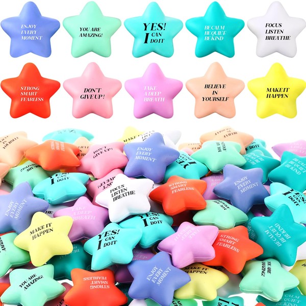 100 Pack Star Stress Ball Stress Relief Balls with Motivational Quotes Mini Motivational Stress Ball Inspirational Foam Balls for Kids Adults Stress Anger Fidget Relief Exercise (Cute Colors)