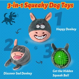 GUKCO 3-in-1 No Stuffing Dog Toy for Aggressive Chewers – Plush Donkey with Hidden Squeaky Spiked Ball, Interactive Chew Toy for Small, Medium & Large Dogs