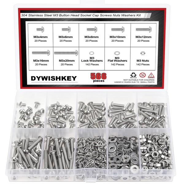 DYWISHKEY 566 Pieces M3x 4/6 /8/10 /12/16 /20mm Button Head