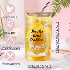DHQH Book Lovers Gifts for Women, 16 oz Cute Flower Glass Cups with Lids and Straws, Reading Birthday Gifts for Book Lover, Readers, Librarians, Bookish Book Club