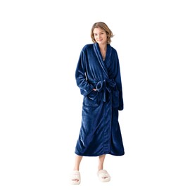 KORBLISS Robes for Women – Premium Plush Fleece Long Bathrobe for Women with Shawl Collar, Soft Warm Womens Robe with Pockets and Belt, Medium, Navy Blue