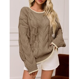 Saodimallsu Womens Oversized Sweater Casual Cable Knit Color Block Crewneck Pullover 2025 Fall Winter Chunky Trendy Sweaters Khaki