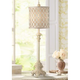 Regency Hill French Country Traditional Candlestick Buffet Table Lamp Vintage 34" Tall Skinny Ivory Off White Metal Lattice Double Shade for Living Room House Home Entryway Dining Family