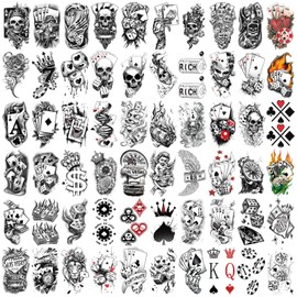 77 Sheets Temporary Tattoos, 17 Sheets Half Arm Lion Clown Flower Skeleton Car Flower Heart Poker for Adults Shoulder Neck, 60 Sheets Tiny Fake Tattoo Sticker for Teen Men Women Body Art