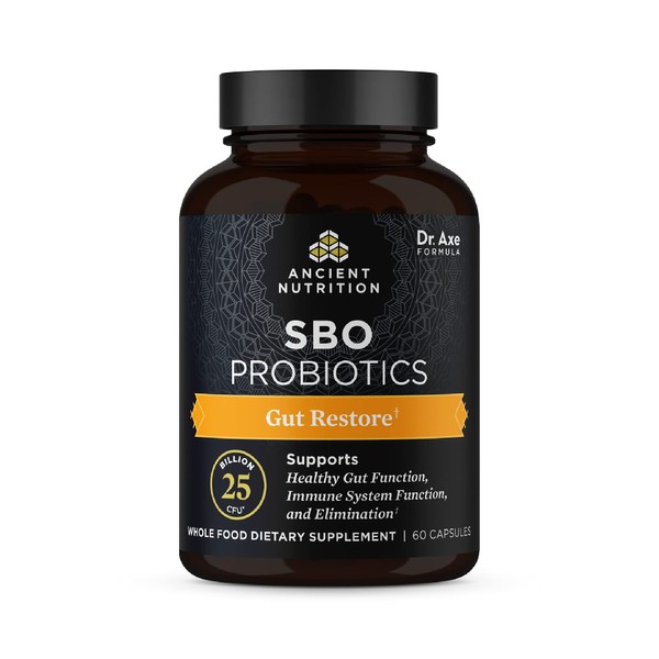 Probiotics by Ancient Nutrition, SBO Probiotics Gut Restore 60 Ct, Promotes Gut Health, Digestive and Immune Support, Gluten Free, Ancient Superfoods Blend, 25 Billion CFUs* Per Serving
