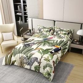 Castle Fairy Wild Birds Bedding Set 100% Pure Cotton King Size Watercolor Palm Trees Tropical Plants Duvet Cover Luxury Light Cute Toucan Monkey Animal Jungle Style Quilt Cover Set for Men Women Room