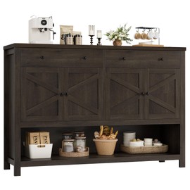 HOSTACK 55'' Buffet Sideboard Cabinet with Storage, Coffee Bar with 2 Drawers, Farmhouse Console Table with Doors, Storage Cabinet with Shelf for Kitchen, Living Room, Entryway, Dark Brown