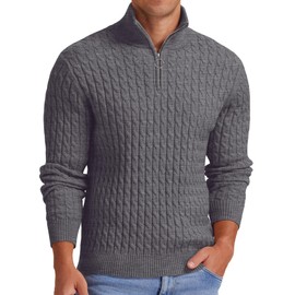 Askdeer Men's Quarter-Zip Sweater Mock Turtleneck Cable Knit Pullover Sweater Soft Casual Polo Sweater with Cable Pattern Dark Gray