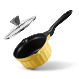 BUYDEEM Cast Aluminum Non Stick Sauce Pan，Rapid Even Heat Milk Pan with Glass Lid，All Stovetops Compatible，No PFOA/PFAS，Cooking Pot with Cool Handle，Cheflite Series CP141 Mellow Yellow，2QT