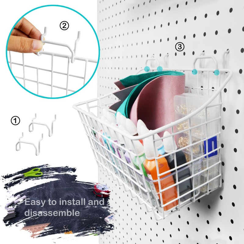 Pegboard Baskets With Hooks, 3 Pack Peg Board Wall Organizer