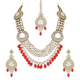 I Jewels Gold Plated Indian Wedding Bollywood Multi Layered Pearl Kundan Bridal Necklace Jewellery with Dangle Earrings & Maang Tikka Set For Women/Girls (IJ387), No Gemstone