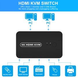DGODRT HDMI USB KVM Switch Selector for 2 Computers Share Keyboard Mouse Printer and 1 HD 4K Monitor, 2 KVM Cables Included