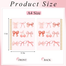 Resurhang 4 Pack A4 Pink Bow Notebooks,Coquette Notebooks,Aesthetic Spiral Journals for Women,Cute Bow Preppy School and Office Supplies,College Ruled