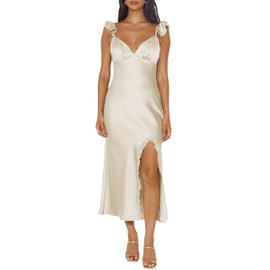 Summer Satin Lace Spaghetti Strap Midi Dress for Wedding Guest Silk Sleeveless V Neck Slit Ruffled Maxi Dress for Women Champagne