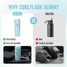 Coolflask Water Bottle 32 oz Fits Car Cup Holder, Slim Tumbler Stainless Steel with Straw & Handle, Vacuum Flask Leakproof Wide Mouth for Travel Sports Gym, Blue