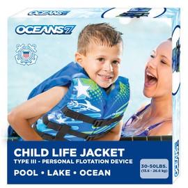 Oceans7 US Coast Guard-Approved, Type III – Kids Life Jacket – Personal Flotation Device with Comfortable Flex-Form-Fit Open-Sided Design – Blue/White