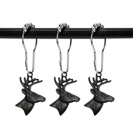 ZILucky Set of 12 Deer Shower Curtain Hooks Rings Rustic Cabin Bath Christmas Theme Decoration Reindeer Antlers Stag Woodland Stainless Steel Rustproof (Black)