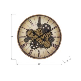 LOPOO Stylish 20" Round Wall Clock with Open Gear Mechanism, Brown Frame, Quiet Non-Ticking, Modern Roman Numerals