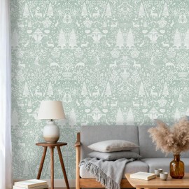WENMER Peel and Stick Wallpaper, 17.7" x 118" Green Forest Animal Wallpaper, Woodland Contact Paper with Deer Rabbit Fox, Self Adhesive Removable Wall Paper for Living Room Bedroom Nursery
