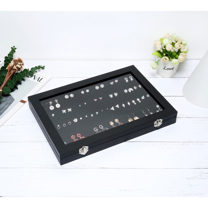 Black Velvet Earrings Organizer Tray with Transparent Glass lid Earrings