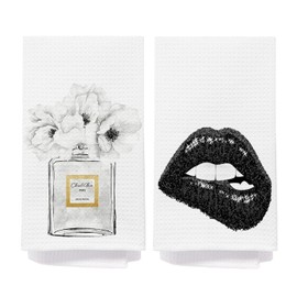 Black and White Perfume Lips Decorative Bathroom Hand Towels 16x24 Inch, Girly Bathroom Decor, Trendy Preppy Hand Towels for Washroom Powder Room Vanity, Set of 2