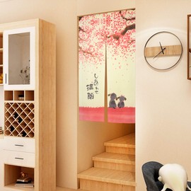 LIGICKY Japanese Doorway Curtain Noren Printed Happy Dogs Cherry Blossom Tapestry For Home Decoration 33x59inch