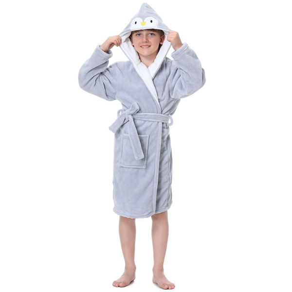 Hooded Herringbone Cloudy Penguin Boys Fleece Comfy Robe, Long and