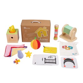 Adena Montessori Play Kit for 0-6 Month Baby,9 in 1 Learning Kit Includ Black&White Card,Rainmake Rattle,Sensory Ball,Tummy Time Wobbler,Tissue Box,Tissue,Rainbow Ball,Rainbow Drum,Suction Cup Spinner