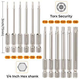 Torx Bit Set Hakkin 24Pcs Torx Screwdriver Sets S2 Steel Magnetic Torx Security Bit Set with Right Angle Screwdriver for Tight Space Operation 25mm 75mm T5-T40 Tamper Proof Torx Set