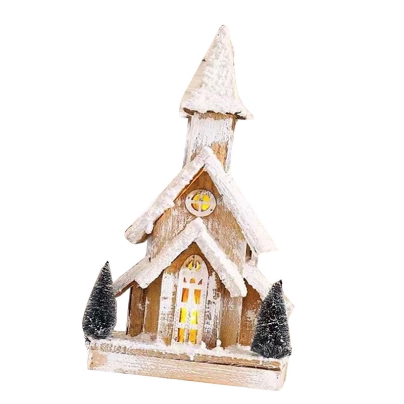 kokiya Christmas Wooden Lighted Snow Church Miniature Tabletop Decoration Xmas